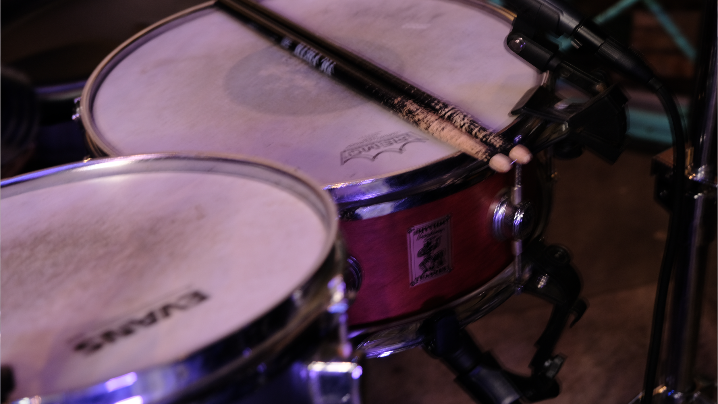 Remo snare drum head and Evans rack tom head close up